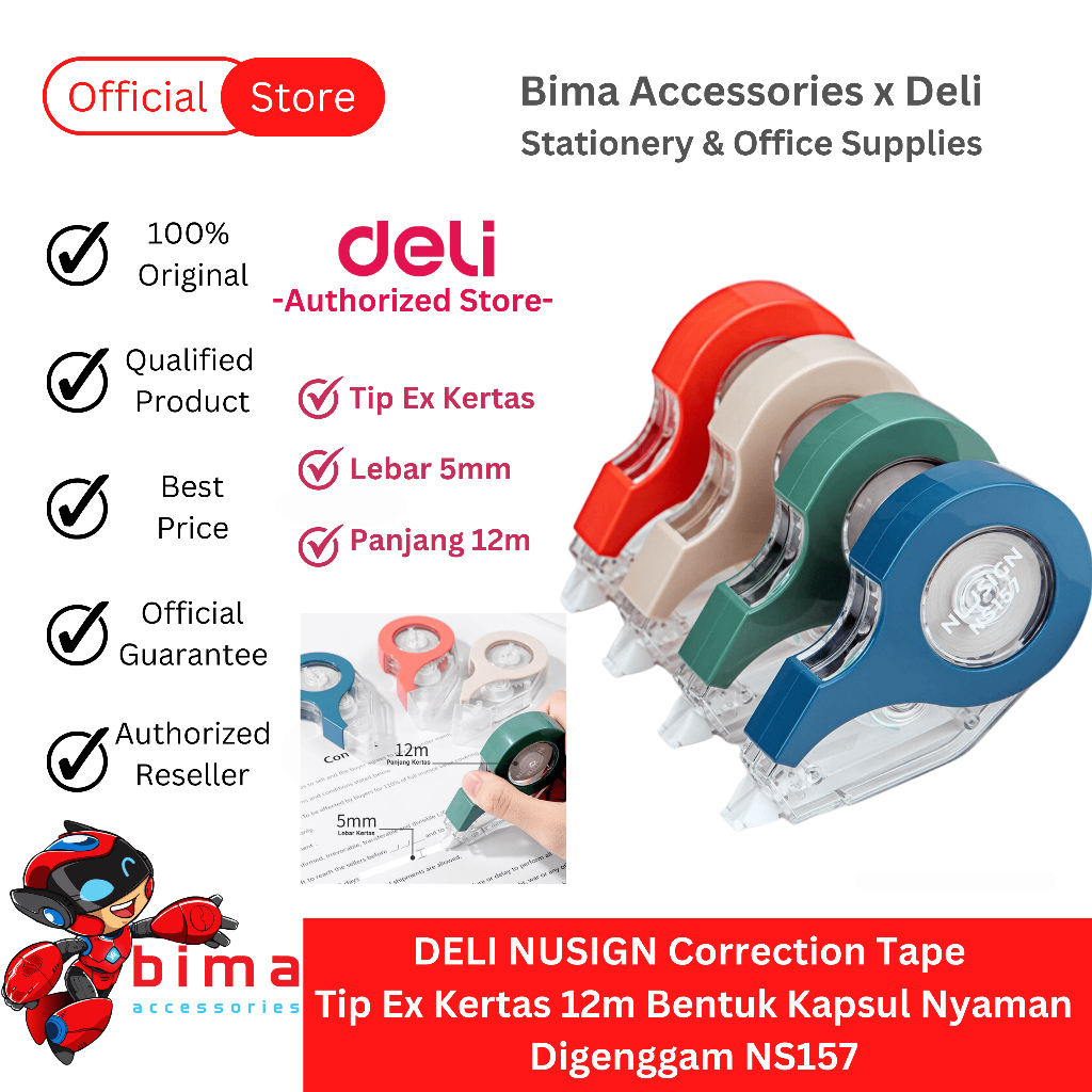 

DELI NUSIGN Tipe X Tip Ex Kertas Roll 12m Bentuk Kapsul Nyaman Digenggam Correction Tape NS157