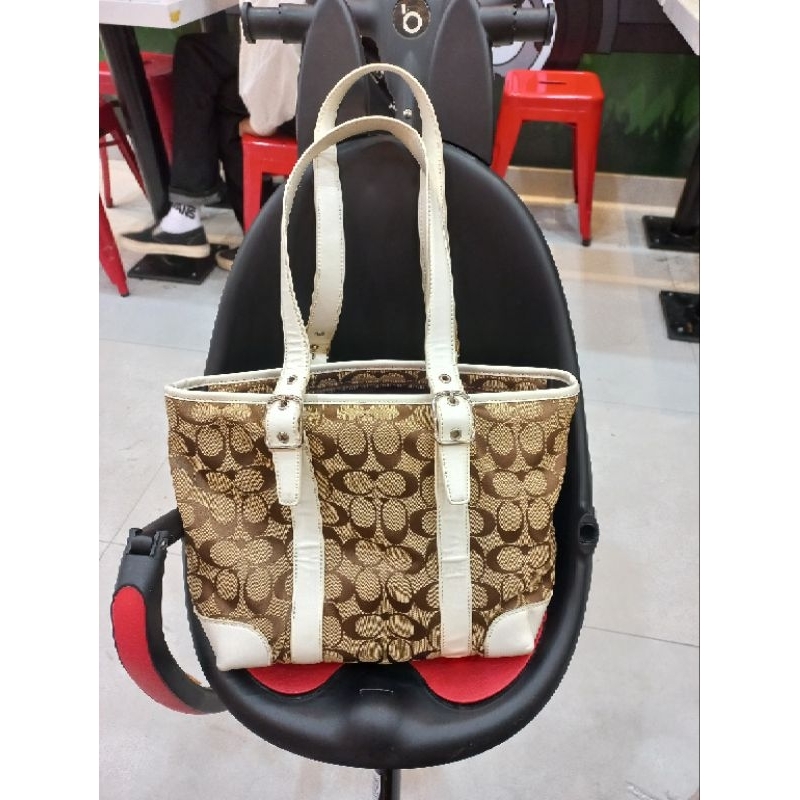 preloved tas tote bag coach canvas brown khaki putih white