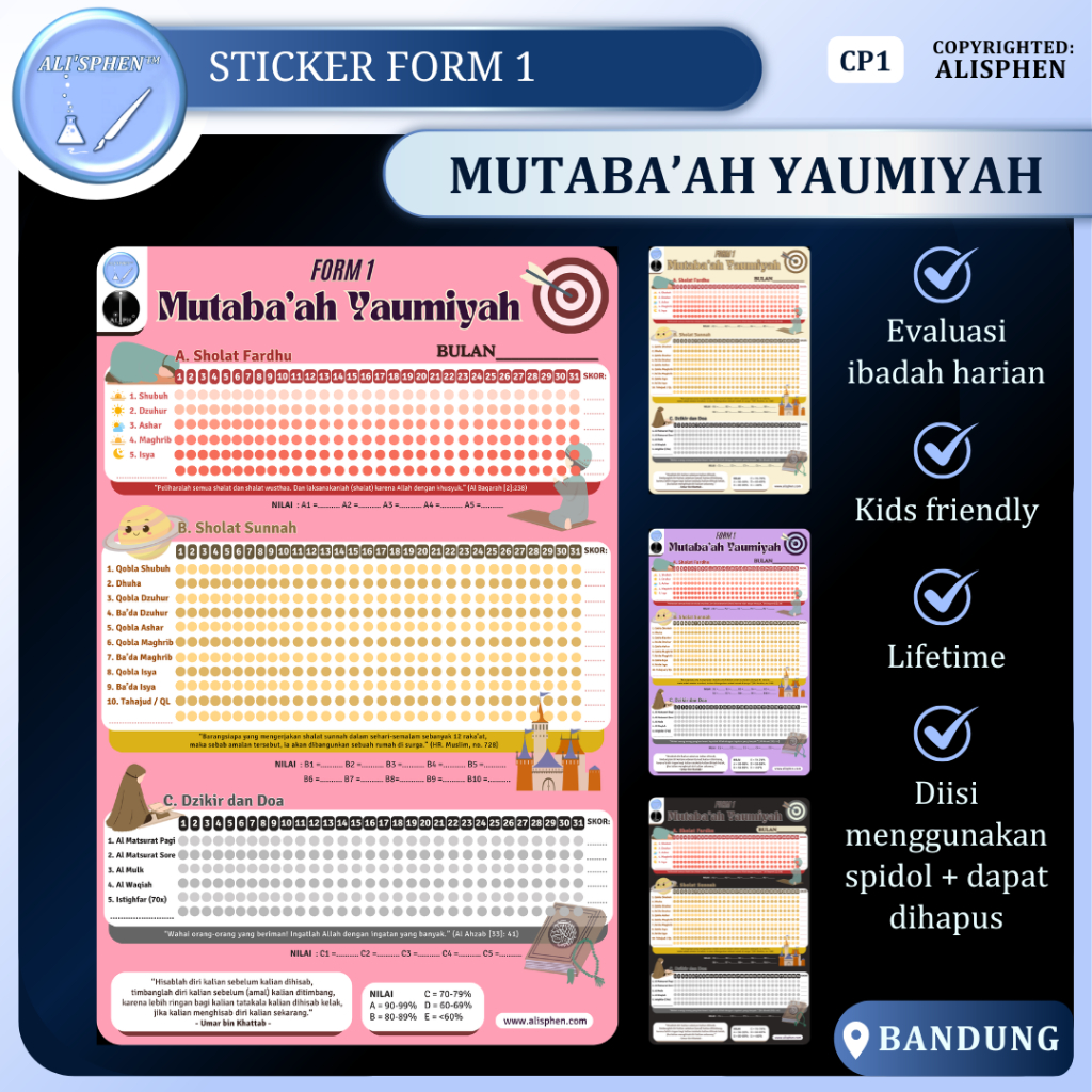 Mutabaah Yaumiyah Form | Form Amalan / Ibadah Harian | Checklist Sholat Doa | Sticker Ceklis |