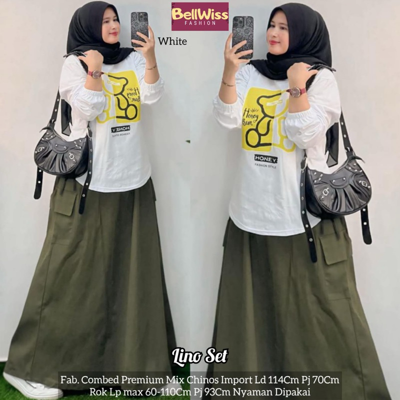 lino one set rok dan atasan by belwis one set wanita kekinian skirt panjang kaos wanita lengan panja