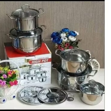 PANCI SET HIGH POT isi 5 / panci set steamer + tutup kaca / 5 in 1 set panci stainless tutup kaca