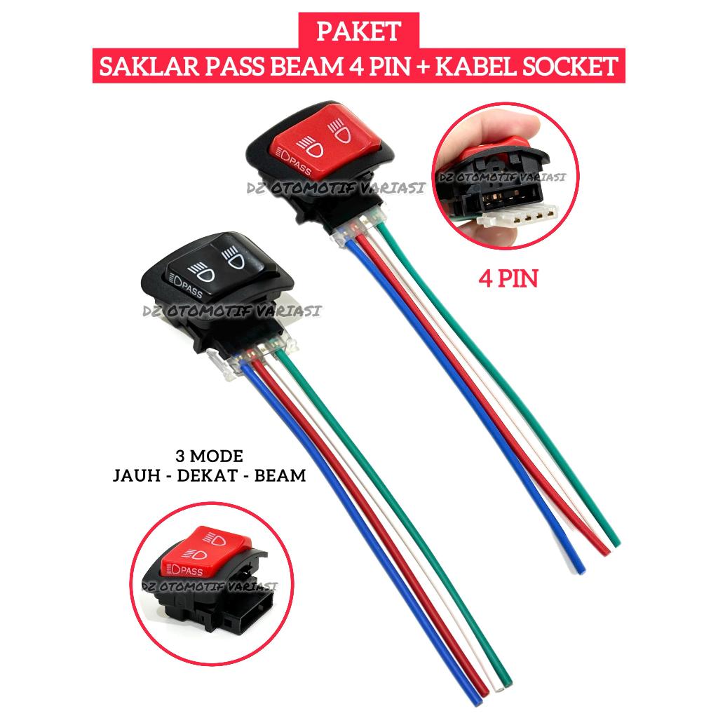 Paket 1 Set Saklar Pass Beam 4 Pin Tombol Pass Beam Lampu Tembak + Kabel Socket Untuk Motor Honda