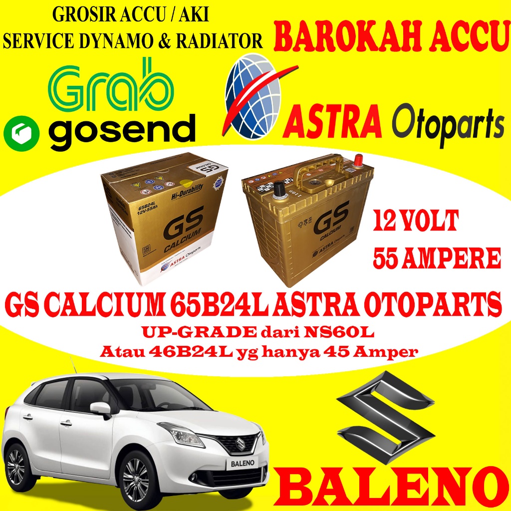 AKI MOBIL SUZUKI BALENO GS CALCIUM 65B24L , 55 AH ASTRA OTOPARTS
