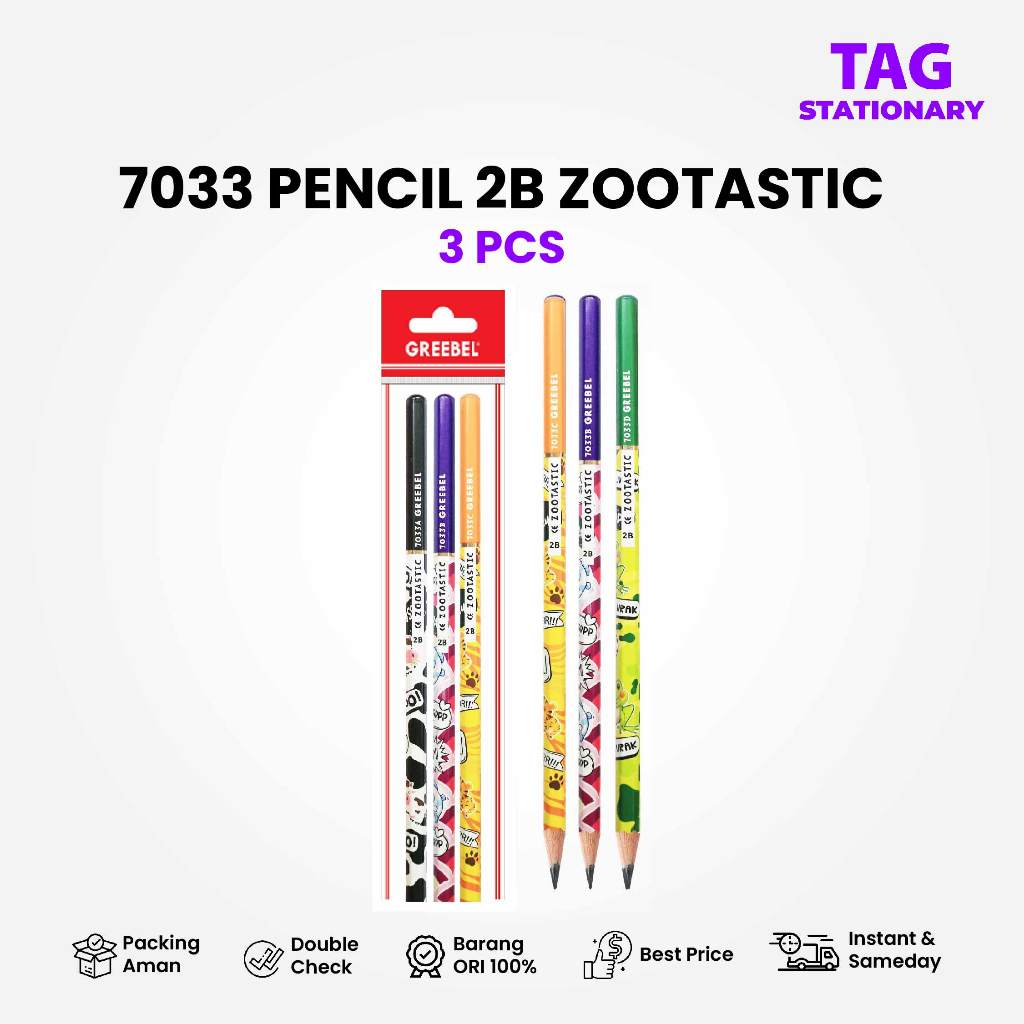

GREEBEL Pensil 2B 7033 ZOOTASTIC (3PCS/SET) / Pensil Tulis Pensil Ujian Timur Agung Grosir