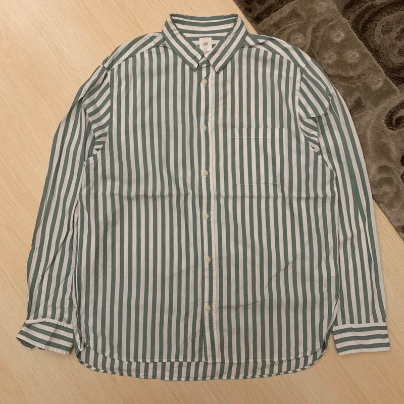 h&m kemeja lengan panjang motif bergaris ukuran L oversize XL XXL jumbo unisex pria wanita original
