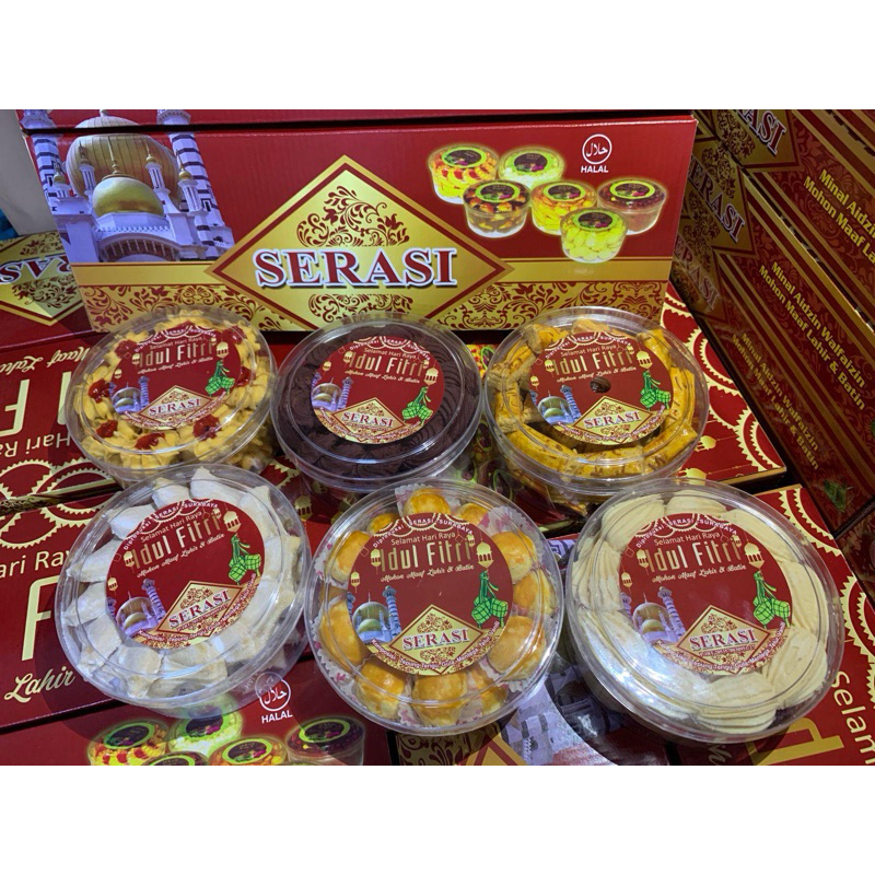 

PAKET KUE Lebaran PREMIUM merek SERASI NASTAR,Kastengel,Kue COKLat,SEMPRIT,Mawar Strobery)250gr X 6 toples