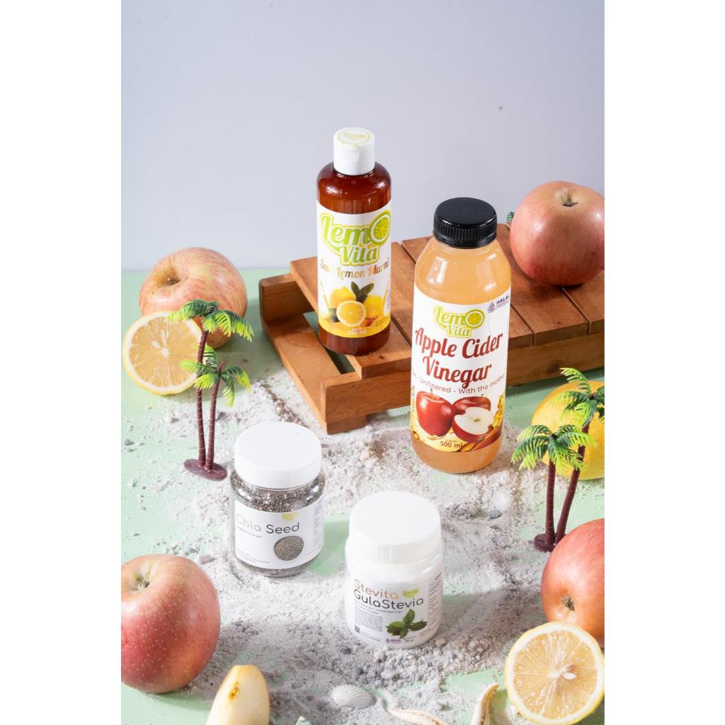 

Ay00! [Paket Bundling] Cuka Apel 500ml + Lemovita 250ml/500ml + Chia Seed 140gr+ Gula Stevia