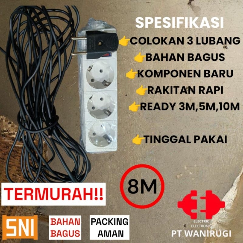 siap pakai stop kontak terminal colokan lubang 3 + KABEL 8 METER