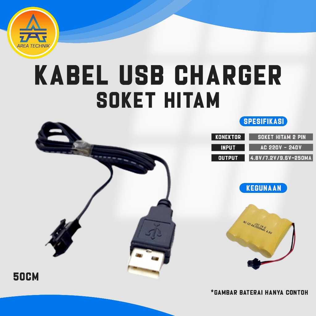 Kabel Cas Mobil RC Model USB Panjang Kabel 50Cm Soket Hitam 2 Pin
