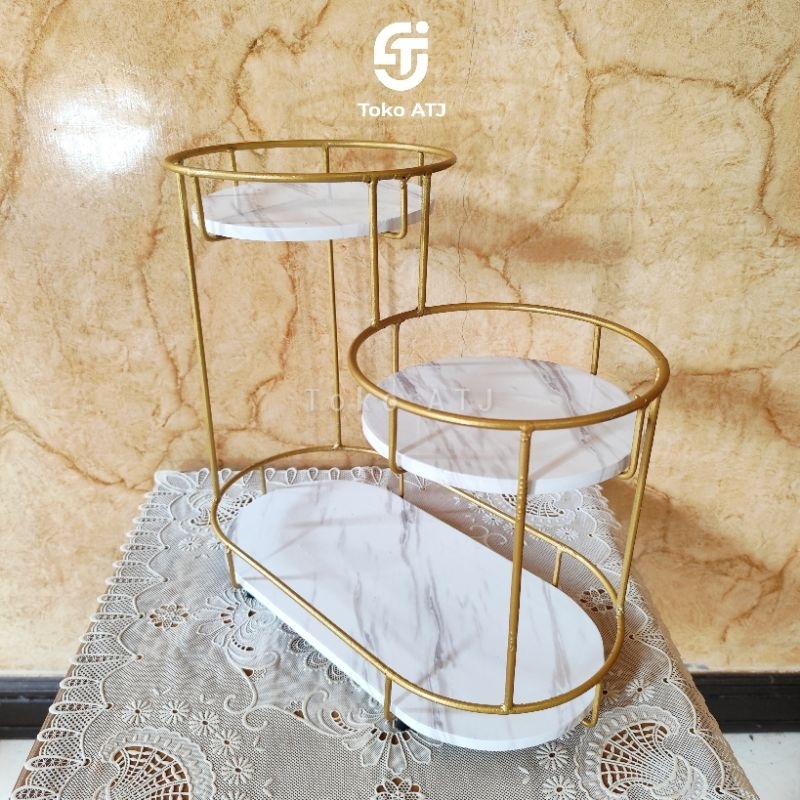Rak Besi Serbaguna Oval Bulat 3 Susun Warna Gold Motif Marble Putih Aesthetic
