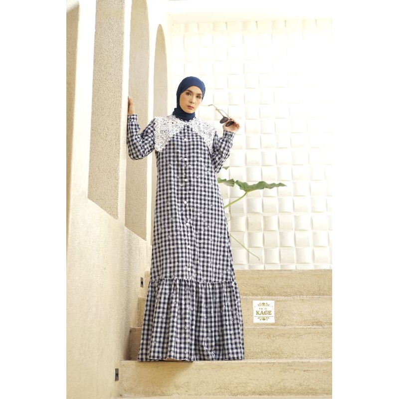 Gamis casual bahan katun motif kotak-kotak bunga