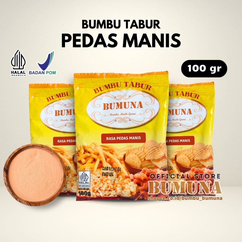 

Bumbu Tabur Rasa Pedas Manis 100 Gram BUMUNA - Bumbu Cemilan Snack Kripik