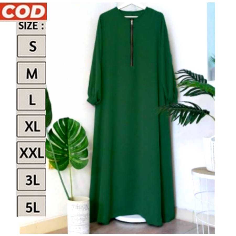 Gamis Maxy Emak / Ibu Harian Hijau Botol Jotol Jumbo Resleting Depan Kekinian Busui LD 110 120 130 1