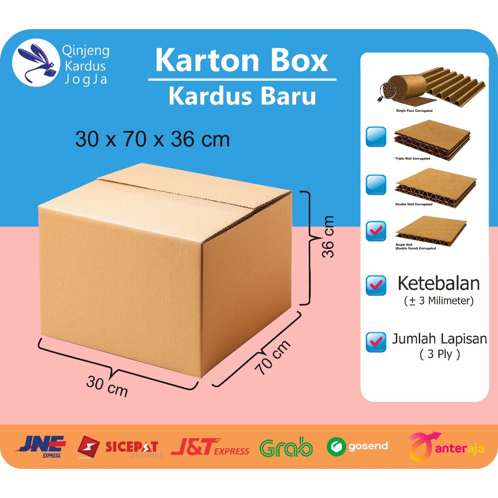

Karton Box / Kardus baru 30 x 70 x 36, Tebal -+ 3mm