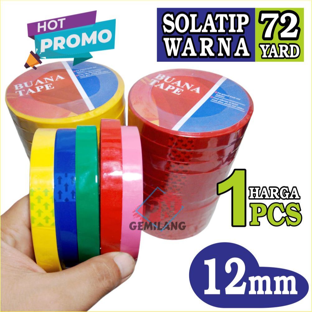 

LAKBAN WARNA 12 mm X 72 yard, SOLATIP KECIL WARNA KUNING,HIJAU,PINK,MERAH,BIRU,HARGA 1 PCS