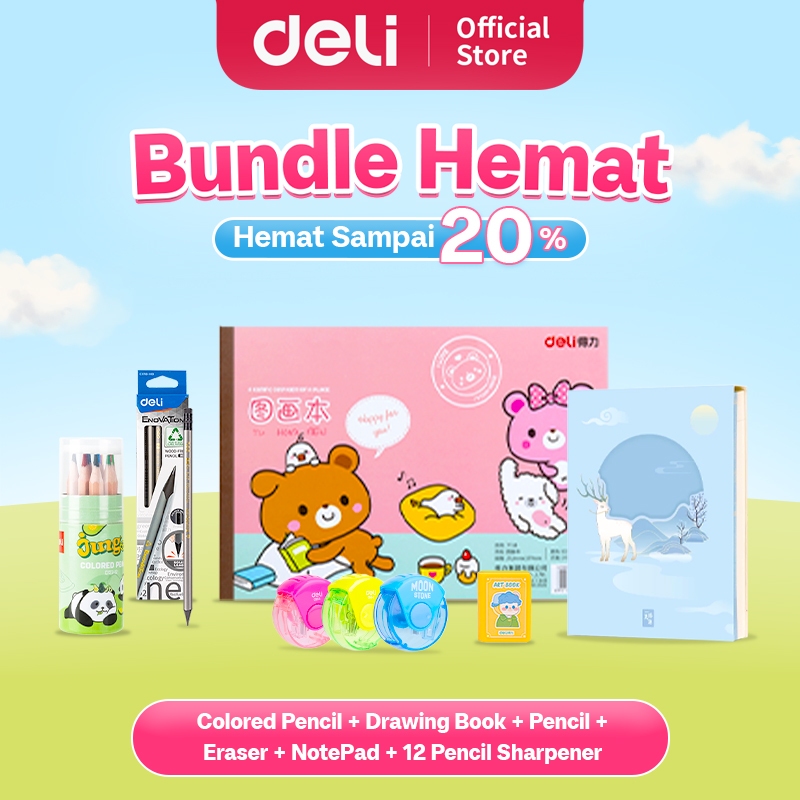 

Deli Bundle Hemat 5 / 1 Set Pensil Warna 12 Warna, 1 Buku Menggambar, 1 Penghapus, 1 Notepad, 12 Rautan Pensil