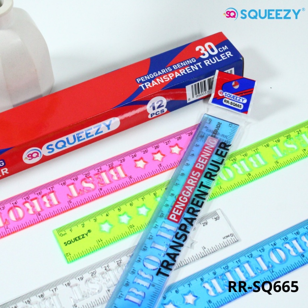 

Harga Grosir ( 1packs/ 12pcs ) Penggaris Plastik Bening Warna 30cm SQUEEZY RR-SQ665