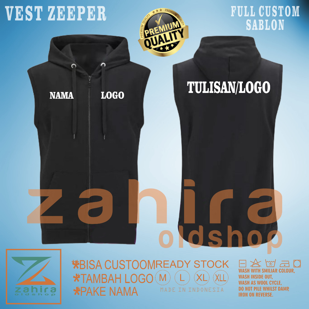 Rompi Pria Fleece Vest Hoodie Zipper Custom Sablon