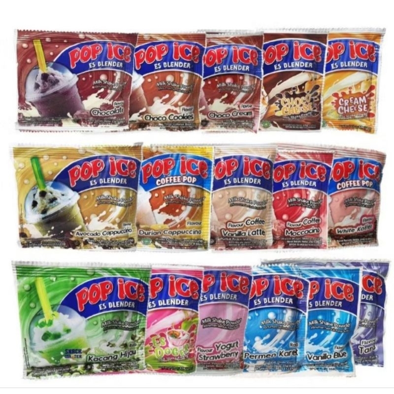 

Pop Ice Sachet blender 25 g All Varian, Harga 1 renceng isi 10 sachet