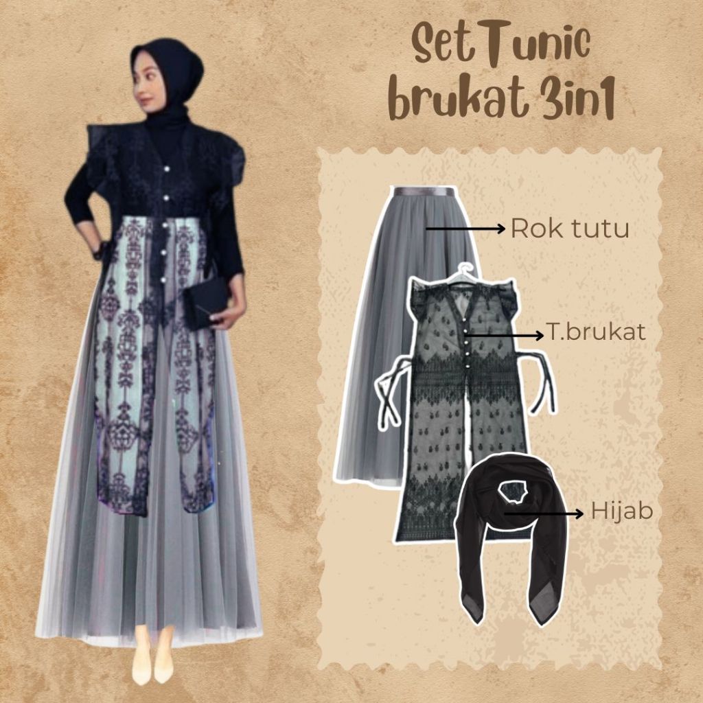 Set Outer Tunik 3IN1 Tunic Brukat+Hijab+Rok tutu Oneset Wanita Kondangan Lebaran Wisuda Korean Look