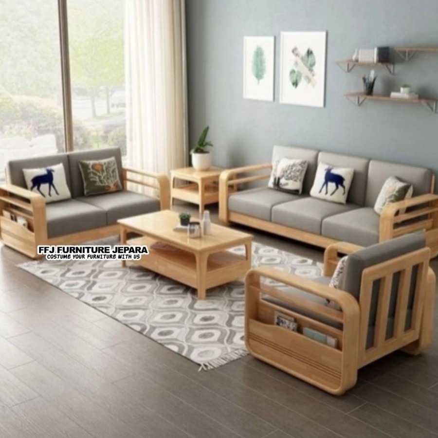 costum order kursi tamu kayu jati modern 321 + meja utama + meja kecil finishing dan busa