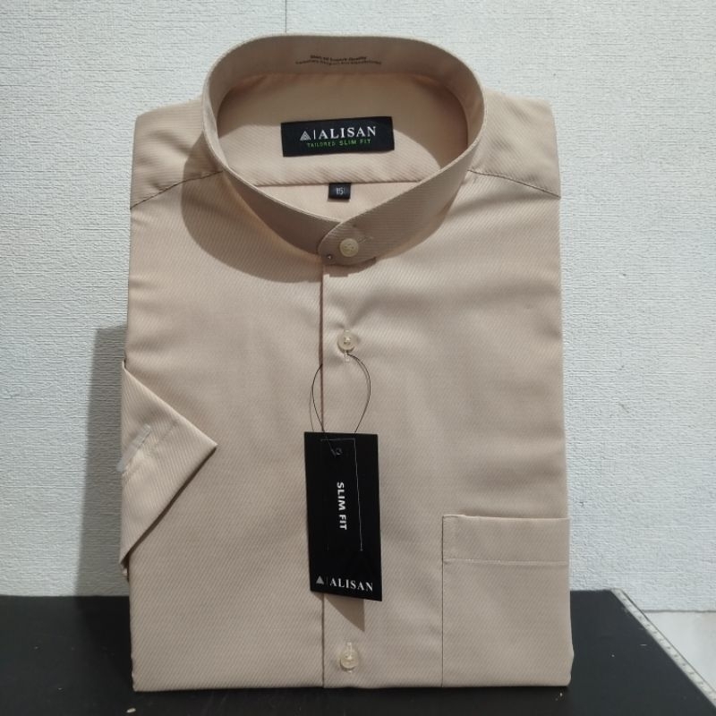 Lengan Pendek Slimfit ALISAN Dobby Koko Coklat1 Krah Shanghai
