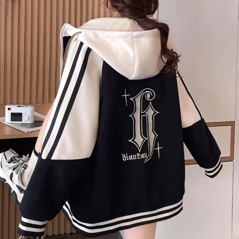 Varsity Hooded Big Size ( S - 6XL ) H LOGO STAR Jaket Zip Hoodie Mix Kombinasi Two Tone Korean Ulzza