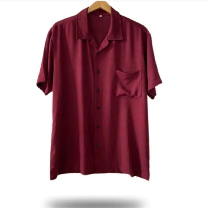 kemeja Pria Vintage Polos burgundy Casual Lengan Pendek Retro Pantai Hawai Rayon Premium Unisex Big 