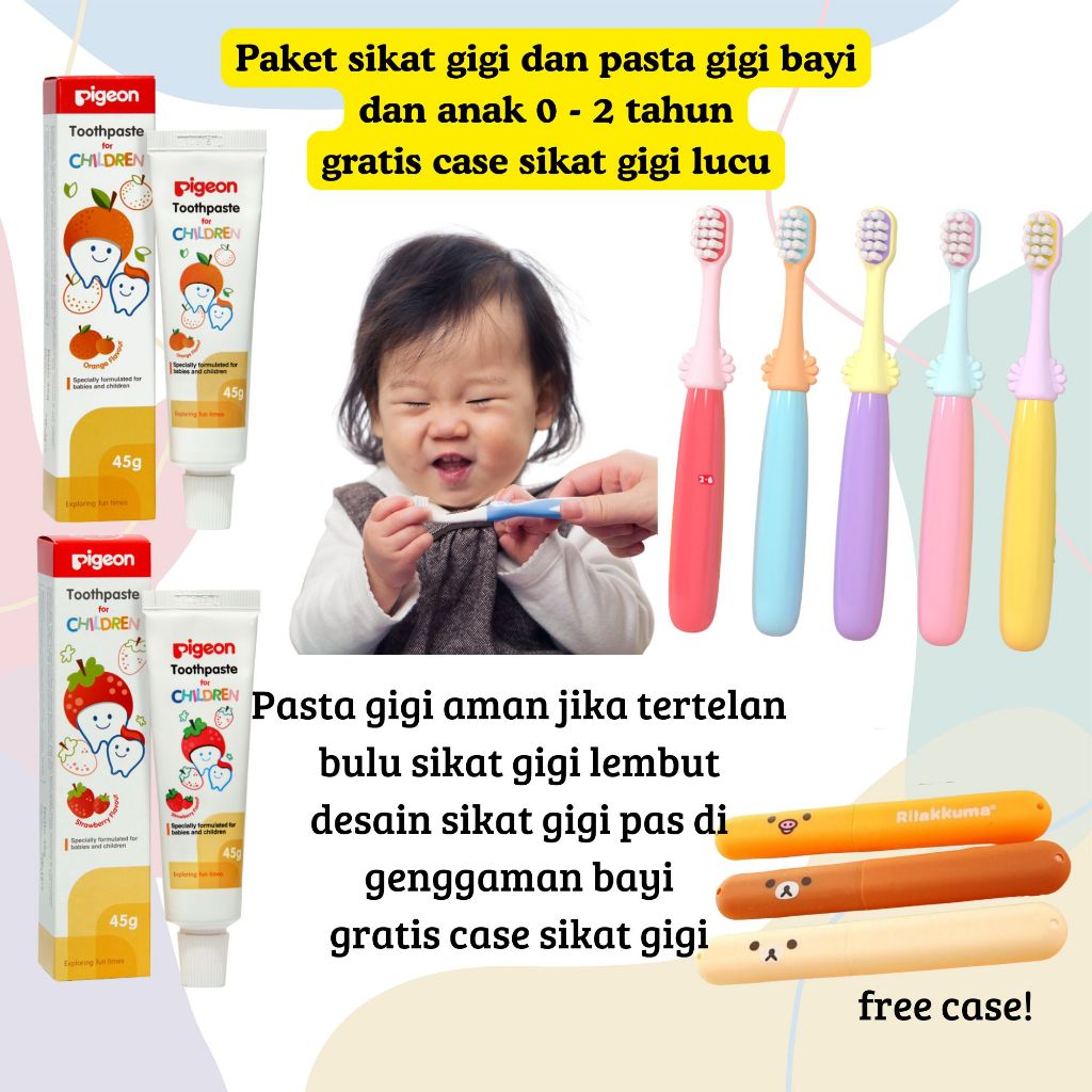 Paket sikat gigi dan pasta gigi bayi dan anak pigeon enzim karakter lucu gratis helm sikat gigi
