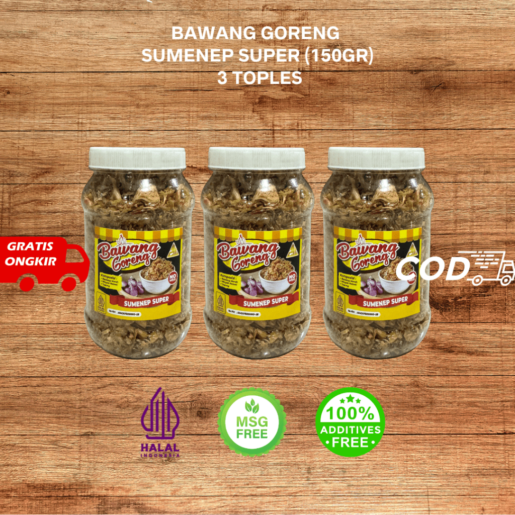 

Paket 3 Toples 150gr Bawang Goreng Sumenep Super Paket Bawang Goreng (150gr X3 Toples)