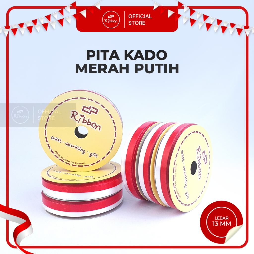 

Pita Kado MERAH - PUTIH 1.3cm Ribbon 13mm x 14m Bendera Indonesia Merdeka 0.5" 1/2