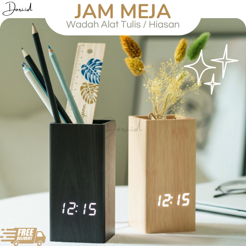 Jam Meja Motif Kayu Holder Pen Pensil LED putih Wooden Clock Desain Wadah Alat Tulis