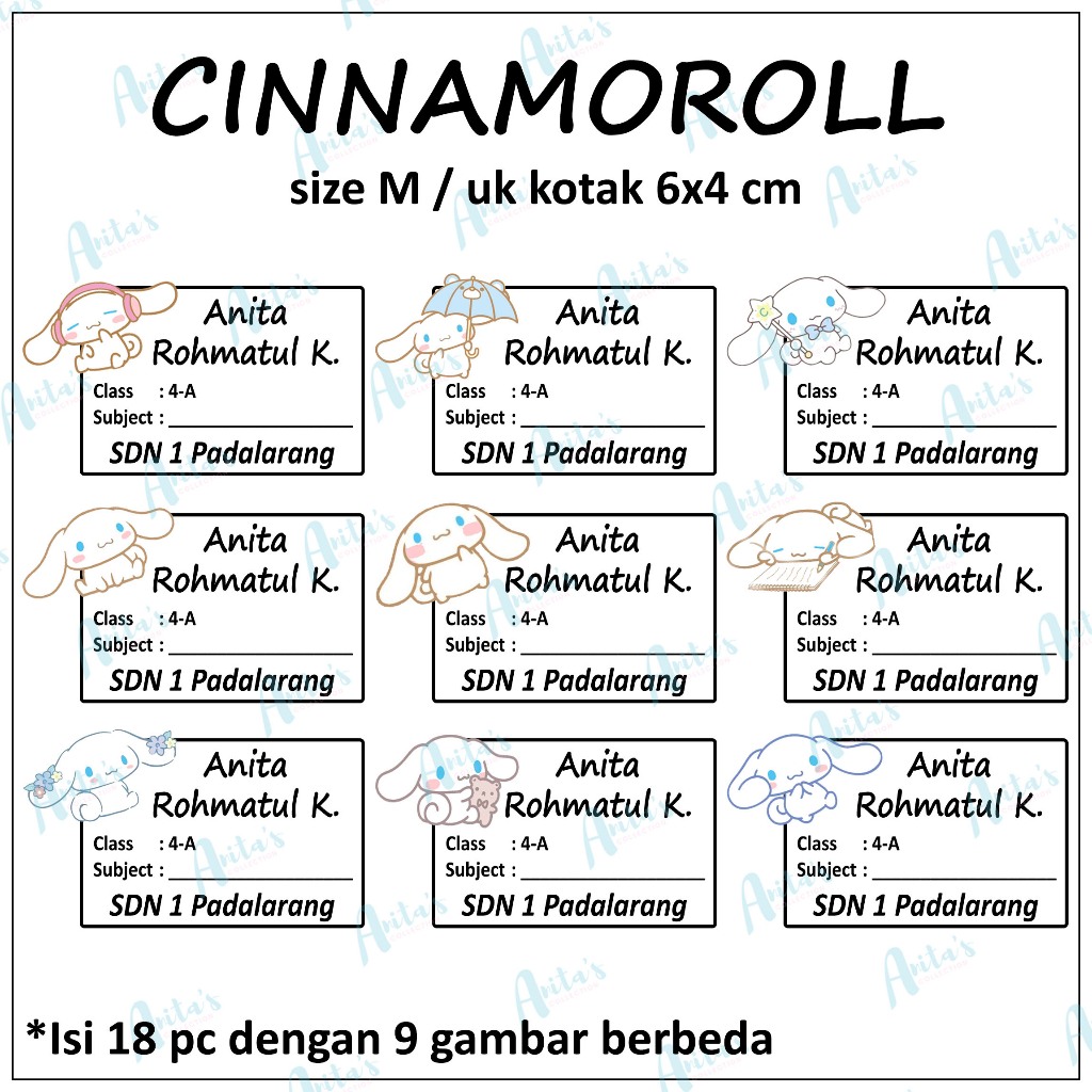 

18pcs STIKER NAMA BUKU PELAJARAN ANAK SEKOLAH tema CINNAMOROLL | size M / 6x4 cm | CUSTOM