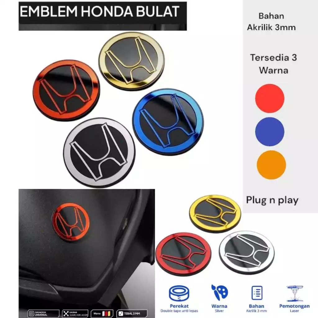 EMBLEM LOGO HONDA BULAT 3D EMBLEM HONDA TIMBUL BULAT ( 3CM ) Emblem HONDA BULAT logo H  Motor HONDA 