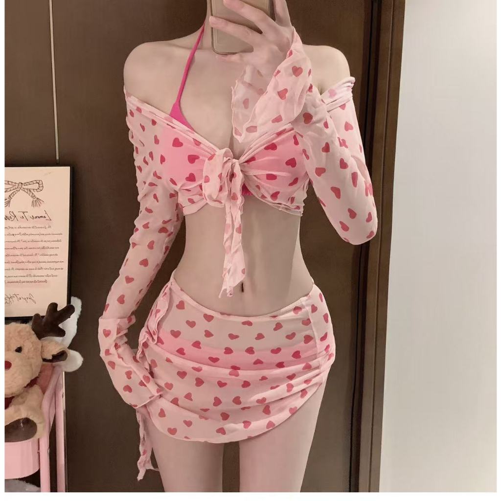 New Summer Pink Girl Four Piece Set Hot Girl Swimsuit Female Split Strap Hot Spring Resort Bikini Pu