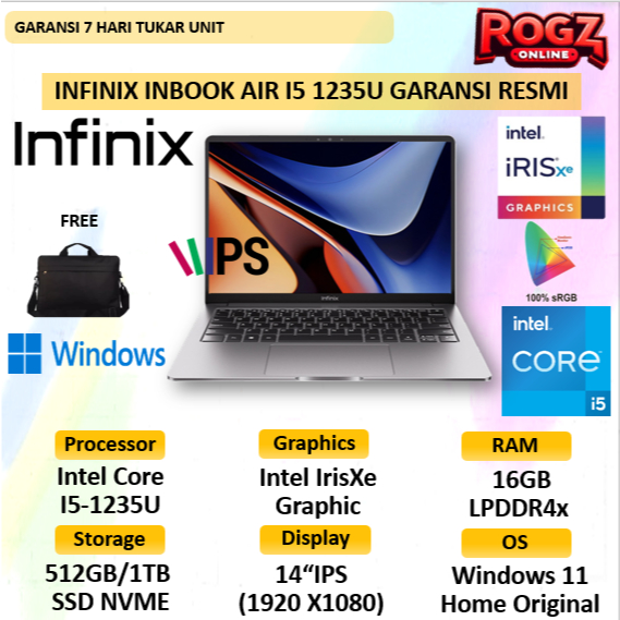 Laptop Infinix Inbook Air Core I5 Gen 1235U 16GB 1TB SSD W 11 14.0 IPS Panel 100%sRGB