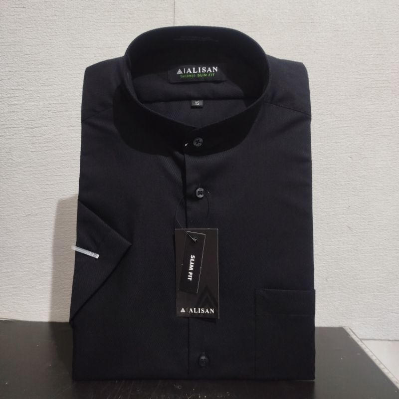 Lengan Pendek Slimfit ALISAN Dobby Koko Hitam Krah Shanghai