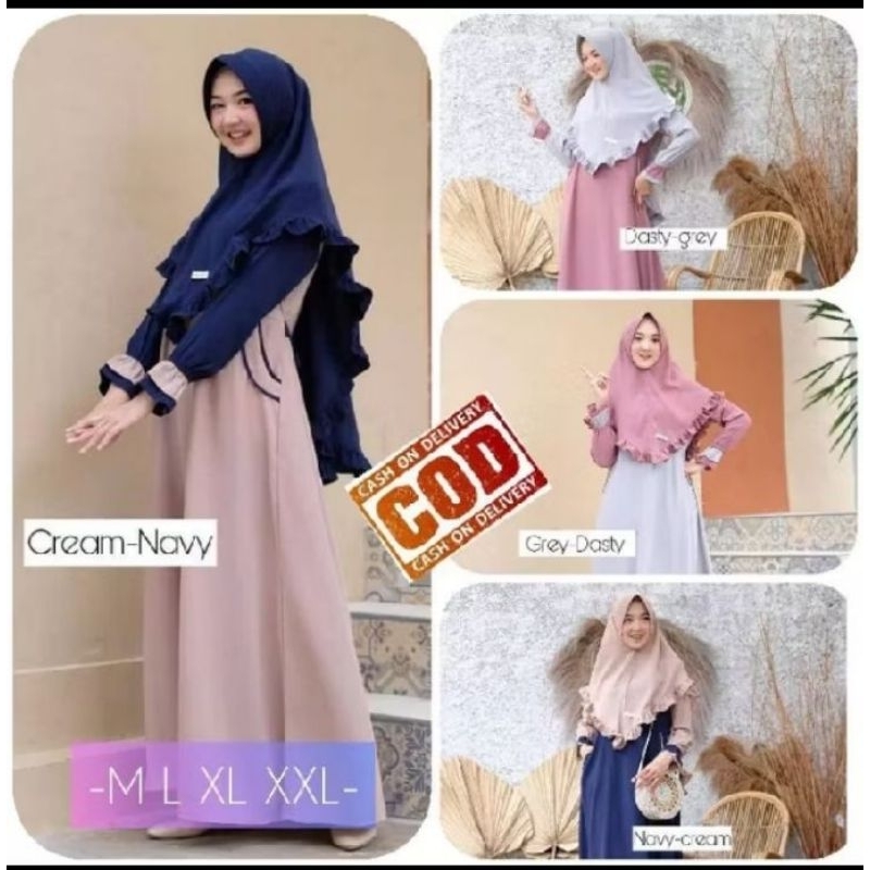 Gamis shanum syari set syari polos bahan moscrepe free hijab