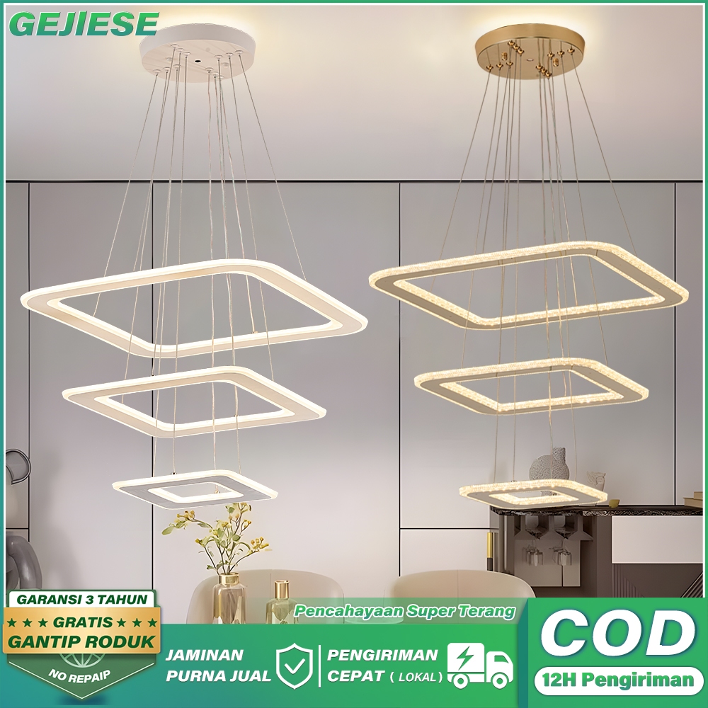 GEJIESE Lampu Gantung Kristal Minimalis  60W LED 3 Warna  Remote 3Rings Lampu Gantung Ruang Tamu