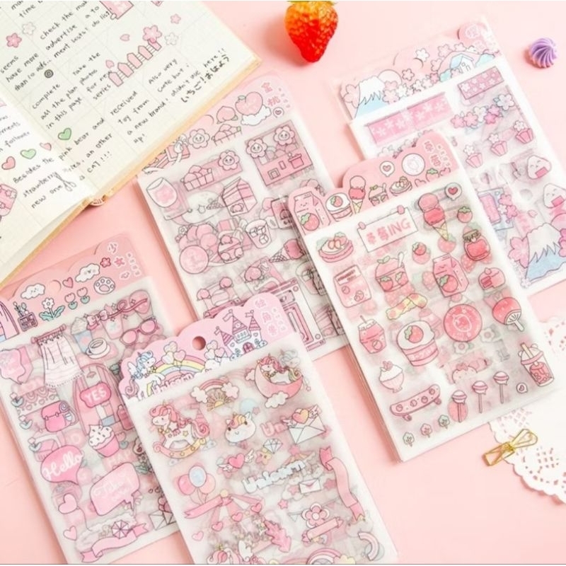 

4 lbr Stiker warna pink / sticker lucu girly bujo buku catatan notebook jurnal diary planner diy scrapbook dekorasi