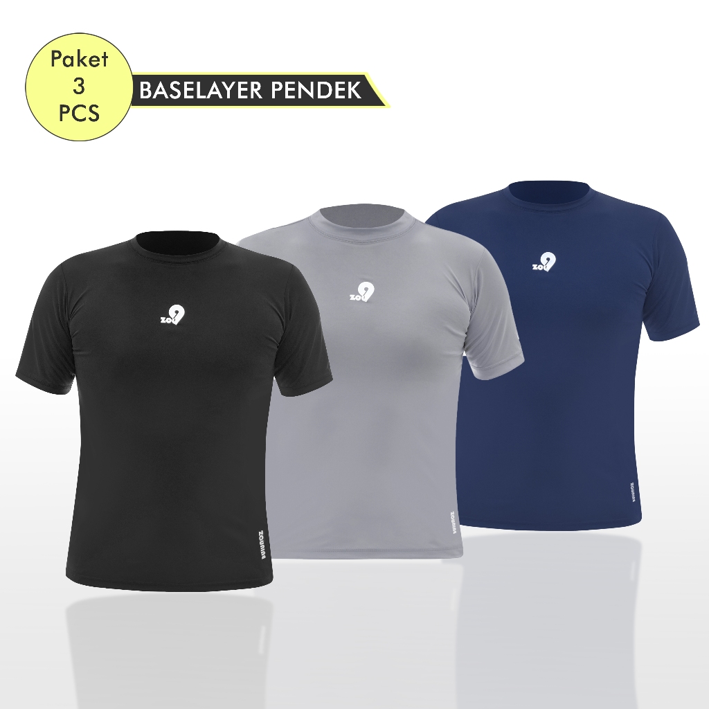Zou9 - Paket 3 pcs Compression Shirt No Muscle Man Baselayer Manset Baju Olahraga Pria Gym