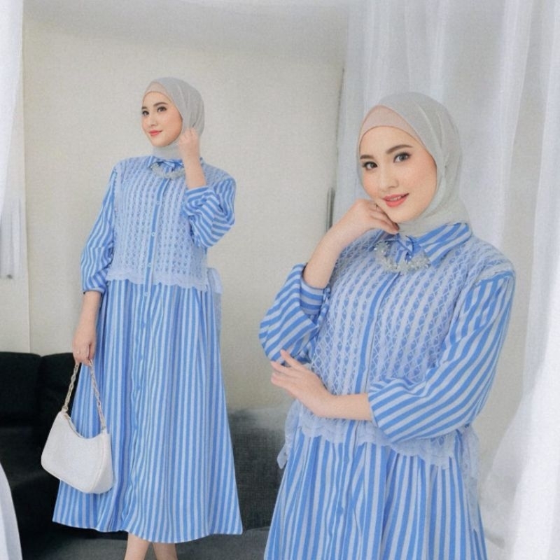 Dwaf//style Midi salur Mix Burkat Jumbo//Dress Wanita Lengan Panjang//Midi Dress korean style