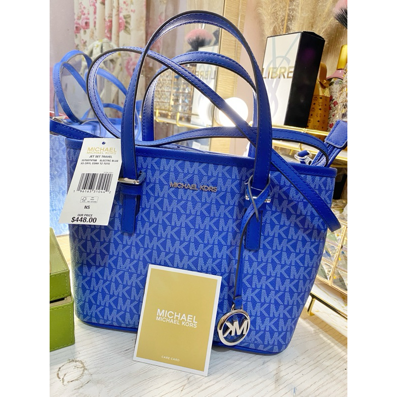 MICHAEL KORS JET SET TRAVEL XS ZIP CROSSBODY TOTE BAG MK PACIFIC BLUE SIGNATURE