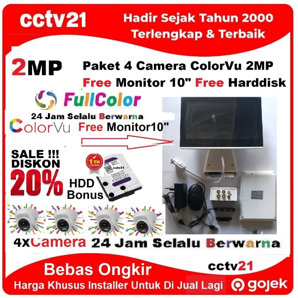 Paket Lengkap 4 CCTV Camera 2MP ColorVu High Tech Full Color Monitor 10" +HDD +Kabel 50M Harga Sale 