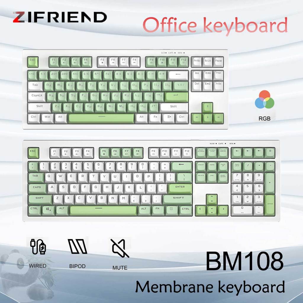 ZIFRIEND BM87 Keyboard Membrane 87 Tombol 80% Wired USB Mixed LED - Putih/Hijau