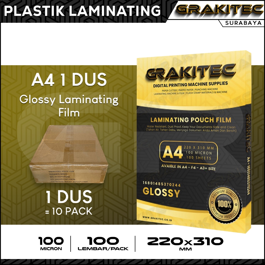 

Grakitec Plastik Laminating FIlm A4 1 DUS isi 10 pack | 100 Micron SBY