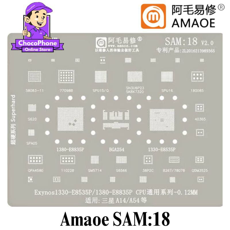 Plat Cetakan Bga Ic Cpu Amaoe SAM18 Exynos1330-E8535P Exynos1380-E8835P MT6789V Bga254 Samsung A14/A