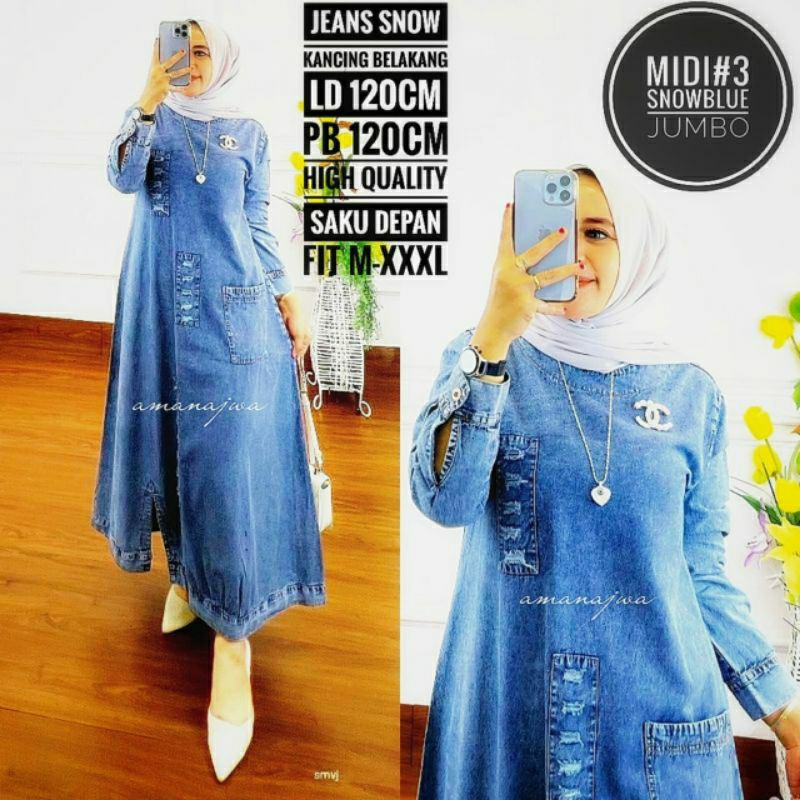 Rip Snow blue Midi#3 Dress Jumbo Ld 120 Gamis jeans cantik / Amj