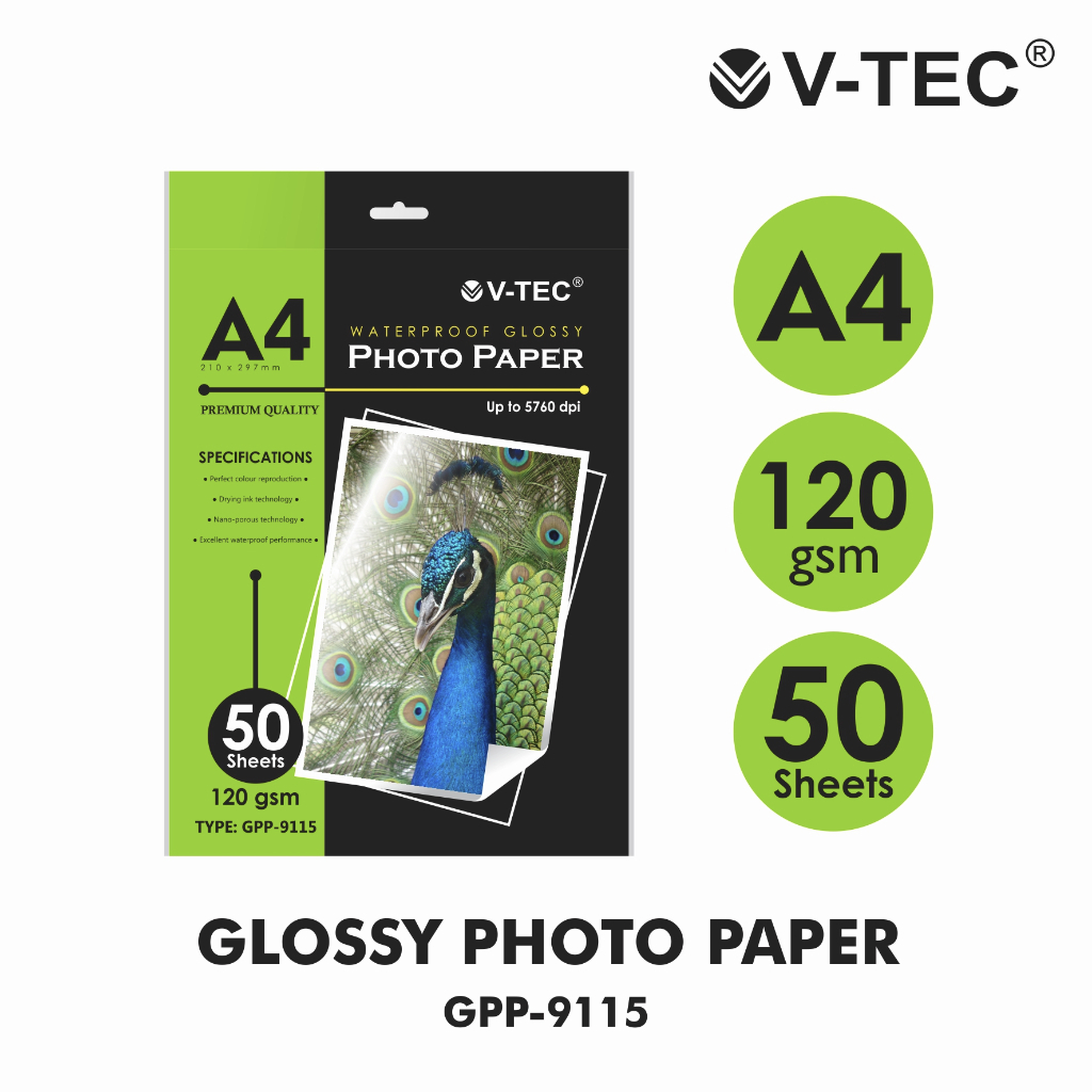 ( 1 Pack 50 lembar ) Kertas Foto Glossy V-TEC 120 GSM / Photo paper Vtec 120 GSM / Kertas Foto Tipis