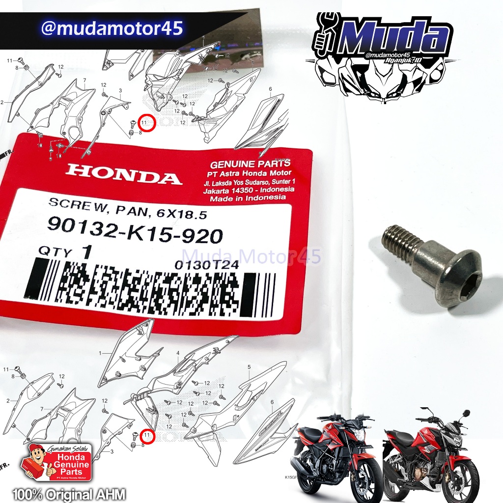 BAUT PANEL SHROUD CB150R V2 V3 2015 2019 90132-K15-920 SCREW PAN 6X 18.5 6 X 18.5 MM CB 150 150R STR